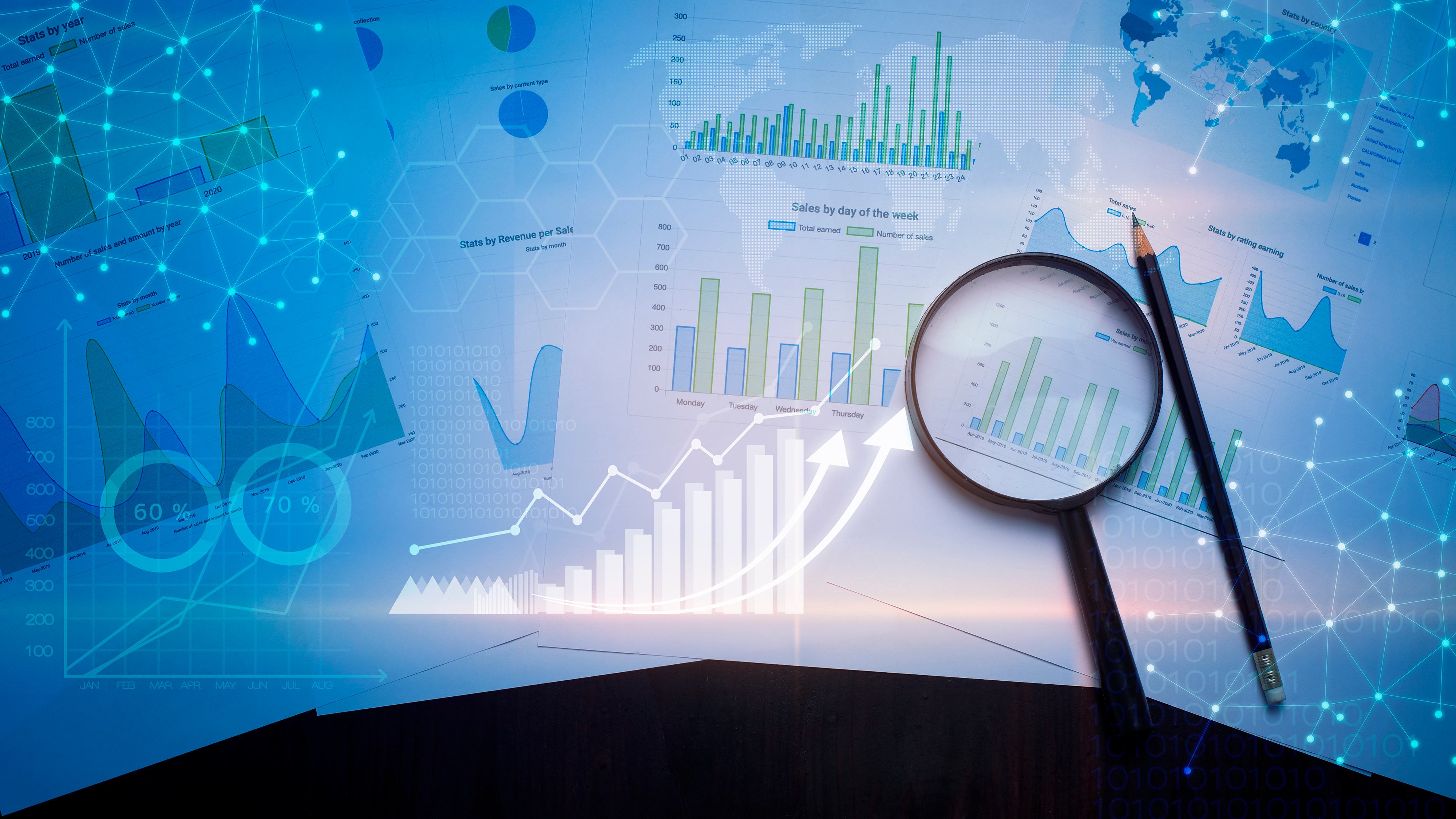 Data analysis with magnifying glass examining business metrics